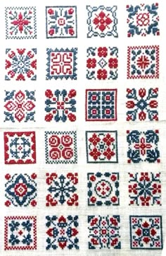 cross stitch pattern with red, white and blue designs on the side of each square