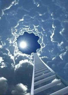 the sky is filled with clouds and there is a ladder leading up to it in the center