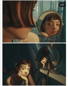 two pictures of a woman looking at herself in the mirror