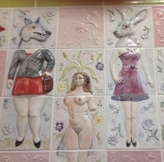 four different pictures of women in dresses on a tiled wall with pink and white tiles