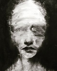 a black and white painting of a man's face with his eyes closed in the dark