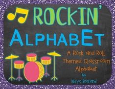 the rockin'alphabet is written on a blackboard with purple glitter and neon colors