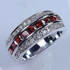 Ruby And Rhinestone And Silver Band Ring Pretty Wedding Rings, Mens Rings For Sale, Garnet Wedding, Red Garnet Ring, Cocktail Jewelry, Silver Wedding Bands, Gem Ring, Band Jewelry, Silver Wedding Rings