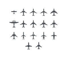 the silhouettes of many airplanes are shown in black and white on a white background