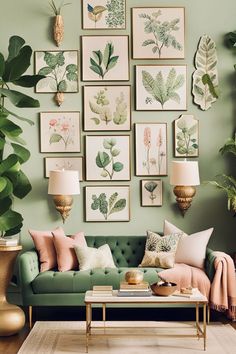 a living room filled with lots of green furniture and pictures on the wall above it