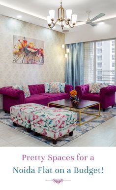 a living room filled with purple couches next to a large painting on the wall