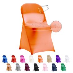 an orange plastic chair with different colored chairs around it