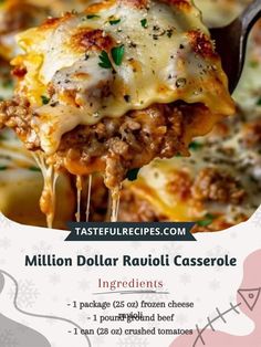 a spoon full of lasagna casserole with cheese and meat on it