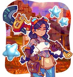 an image of a cartoon character holding a hammer and some other things in her hands