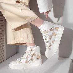 Lightweight construction with breathable mesh fabric provides a comfortable and flawless fit. Cute White Shoes, Cow Print Canvas, Korean Colors, Shoes Cute, Canvas Shoes Women, Top Cute, Bear Print, Baby Bear, Cute Bears