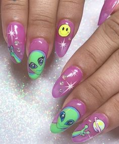 Alien Nails, 90s Nails, Magic Nails, Sns Nails, Grunge Nails, Coffin Shape Nails, Instagram Nails, Lisa Frank