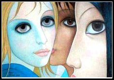 two women with blue makeup are looking at the same person's face as they stare into each other's eyes