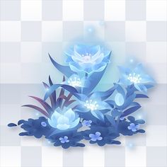 blue flowers and leaves on a checkered background with water droplets in the foreground