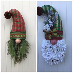 two christmas decorations hanging on the side of a white wall next to an image of a santa claus's hat