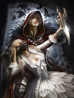 a painting of a woman in white dress holding a knife and wearing a hoodie