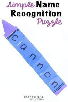 a purple crayon strip with the words simple name recognition puzzles written on it