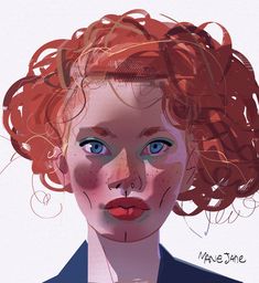 a digital painting of a woman with freckles on her face and red hair