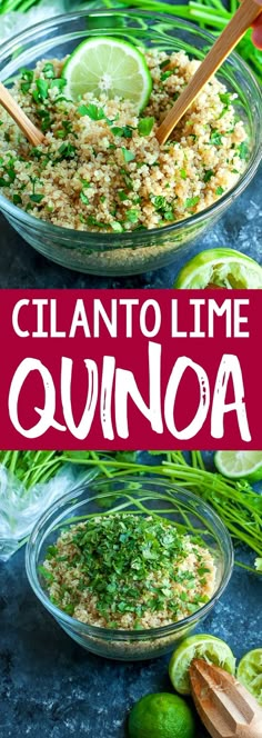 two bowls filled with cilanto lime quinoa on top of a table