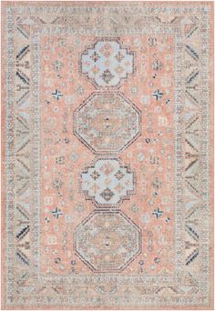 an orange, blue and beige rug with geometric designs on the bottom half of it