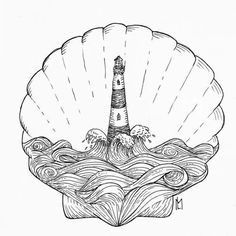 a black and white drawing of a lighthouse in the middle of an ocean with waves