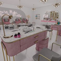 a room filled with lots of pink furniture and mirrors on top of each other's walls