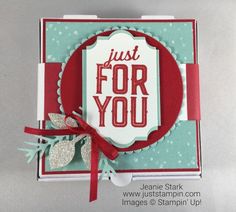 a handmade card with the words just for you written in red and white on it