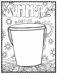 a coloring page with the words summer and a bucket