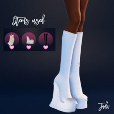 a pair of white high heeled boots with hearts and words on the bottom side