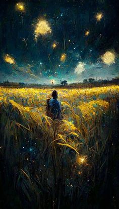 a painting of a person sitting in a wheat field looking at the stars above them