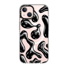 an iphone case with black and white abstract shapes on the front, featuring a pink background