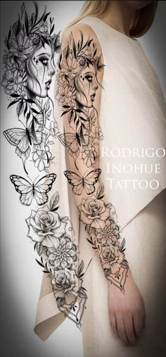 a woman's arm with flowers and butterflies on it