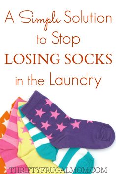 four socks with the words, a simple solution to stop losing socks in the laundry