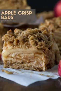 apple crisp bars stacked on top of each other with text overlay that reads, apple crisp bars