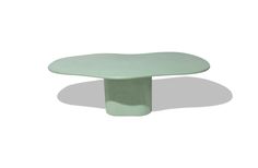 an oval shaped table with a light green finish on the top and bottom, against a white background