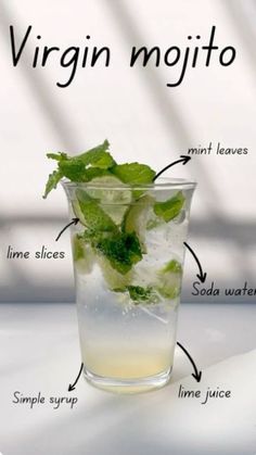 a glass filled with ice and mint on top of a table