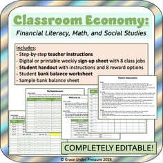 a poster with text that reads,'classroom economy financial literacy, math and social studies