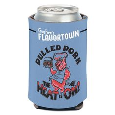 a blue can cooler with an image of a cartoon character on it