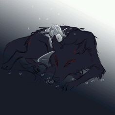 an anime character laying on the ground with his head down and eyes closed, next to a wolf