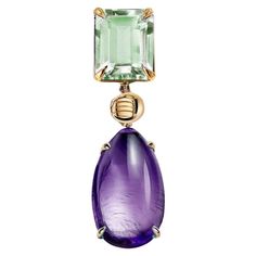 This contemporary Pendant Necklace is made of 18 karat yellow gold with cabochon amethyst and prasiolite. It has a crocodile detail on the side of the cabochon gem. We work with german gems company, that is in the market since the 19th century. The piece can be customised with a variety of gemstones such as sapphires, indicolites, rose tourmalines, smoky quartzes, blue topazes and purple or lavender amethysts. It can be made in white, rose or yellow gold upon request. Round Sapphire, Contemporary Pendant, Modern Necklaces, Fine Jewels, Yellow Gold Pendants, Modern Pendant, Contemporary Jewelry, Gold Pendant Necklace, White Rose