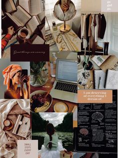 a collage of photos with various items and text on the bottom, including an open laptop