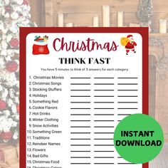 a christmas think fast printable with the words, list and santa clause on it