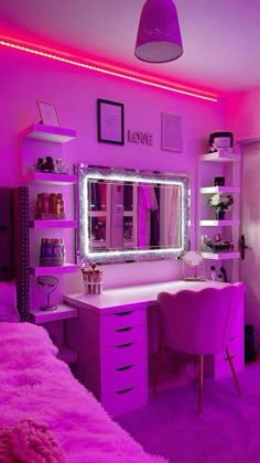 a bedroom with purple lighting and pink furniture