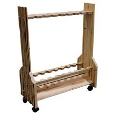 a wooden rack with two shelves on wheels