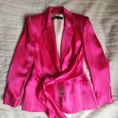 Zara Satin Effect Blazer Front Tie Fuschia/Pink Size M Bnwt Formal Pink Summer Blazer, Chic Fitted Pink Blazer, Elegant Pink Summer Blazer, Pink Summer Blazer For Parties, Elegant Pink Summer Outerwear, Pink Feminine Blazer For Formal Occasions, Pink Feminine Formal Blazer, Feminine Pink Outerwear For Party, Summer Party Pink Blazer