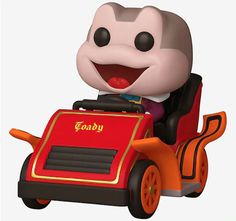 a cartoon character riding on a toy car