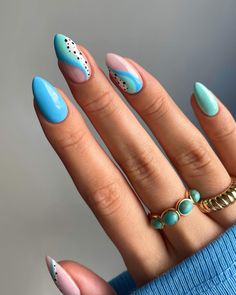 Turquoise Nails, Geometric Nail, Pastel Nails, Funky Nails, Gold Nails, Vibrant Blue, Gel Color