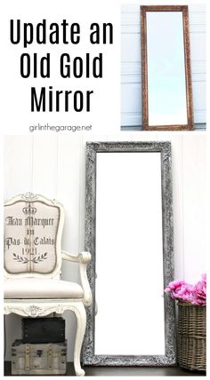 an old mirror next to a white chair with pink flowers on it and the words update an old gold mirror