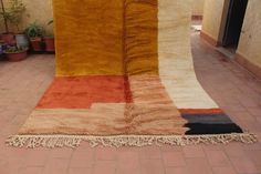 an area rug with different colors and fringes on the floor next to a potted plant