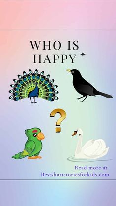 a poster with different types of animals and birds on it's back cover that says, who is happy?