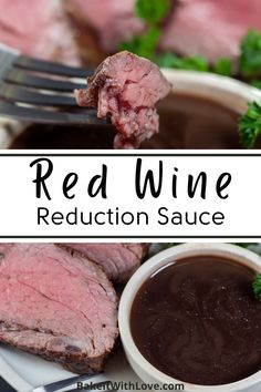 a white plate topped with sliced meat and sauce next to a bowl of red wine